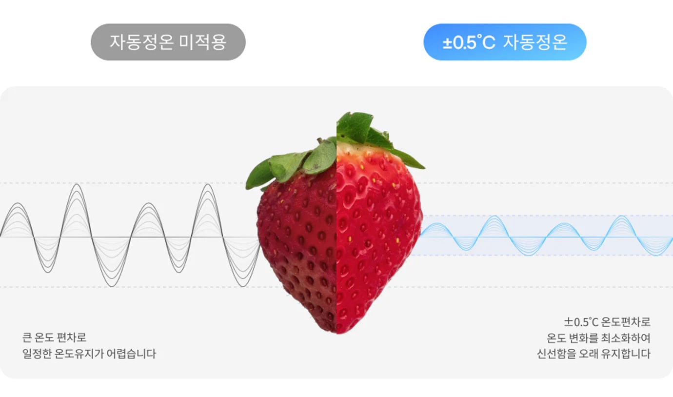 자동정온 미적용과 +0.5°C 자동정온이라는 두 가지 상태가 비교되고 있습니다. 가운데 딸기가 있으며, 큰 온도 편차로 일정한 온도 유지가 어렵다는 설명과 함께 파형 그래프가 있습니다. ±0.5°C 온도편차로 온도 변화를 최소화하여 신선함을 오래 유지한다는 설명과 함께 파형 그래프가 있습니다.