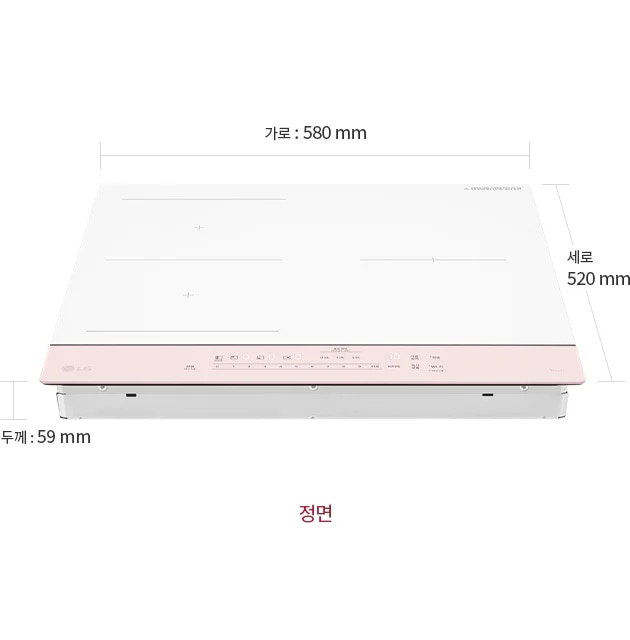 LG 디오스 오브제컬렉션 인덕션의 정면 이미지로, 제품은 주로 흰색과 연한 분홍색으로 구성되어 있습니다. 상단에는 네 개의 조리 구역이 있으며, 각 구역은 십자 모양의 표시로 구분되어 있습니다. 제품의 가로 길이는 580mm, 세로 길이는 520mm, 두께는 59mm로 표시되어 있습니다. 제품의 하단 중앙에는 정면이라는 텍스트가 있습니다.