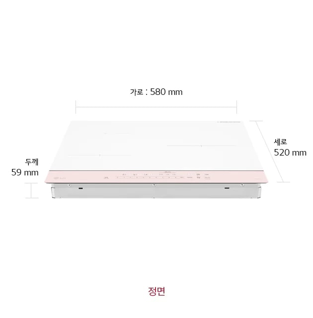 LG 디오스 오브제컬렉션 인덕션의 정면 모습입니다. 제품의 가로 길이는 580mm, 세로 길이는 520mm이며, 두께는 59mm입니다. 제품의 전체적인 형태와 크기를 확인할 수 있습니다.