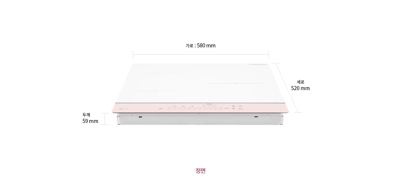 LG 디오스 오브제컬렉션 인덕션의 정면 모습입니다. 제품의 가로 길이는 580mm, 세로 길이는 520mm이며, 두께는 59mm입니다. 제품의 전체적인 형태와 크기를 확인할 수 있습니다.