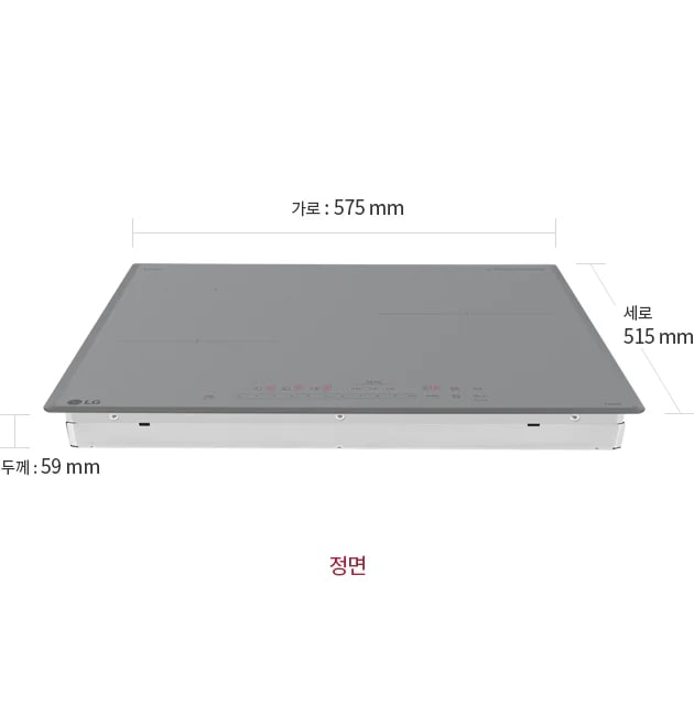 LG 디오스 인덕션의 정면 모습이 보이며, 가로 575mm, 세로 515mm, 두께 59mm로 표시되어 있습니다.