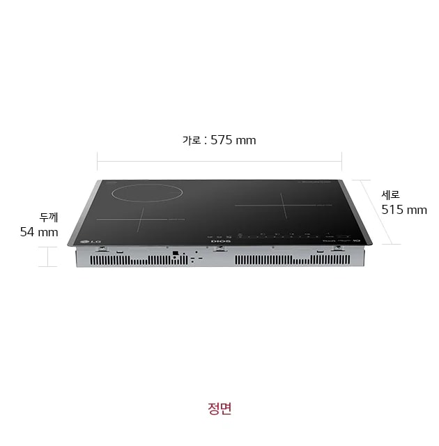 LG 디오스 하이브리드 제품의 상단에는 두 개의 원형과 십자형 조리 구역이 있으며, 제품의 전면에는 LG와 DIOS 로고가 보입니다. 제품의 가로 길이는 575mm, 세로 길이는 515mm, 두께는 54mm로 표시되어 있습니다. 제품의 하단에는 환기구가 위치해 있으며, 이미지 하단 중앙에는 정면이라는 텍스트가 있습니다.
