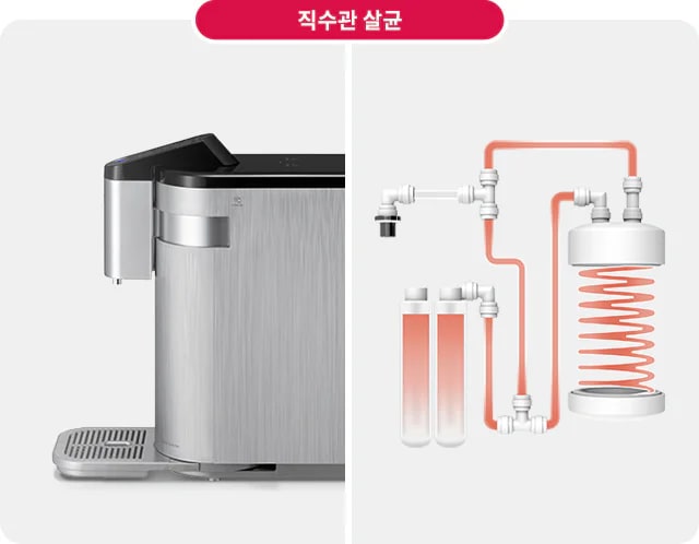 실버 색상의 정수기와 직수관 살균 시스템의 구조를 보여주는 이미지입니다. 정수기는 깔끔한 디자인으로 물 받침대가 있으며, 살균 시스템은 파이프와 필터, 코일 형태로 구성되어 있습니다. 상단에 "직수관 살균"이라는 텍스트가 포함되어 있습니다.