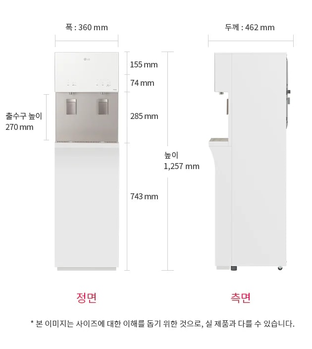 흰색 정수기가 있으며, 크기는 폭 360mm, 높이 1,257mm, 깊이 462mm입니다. 하단에 