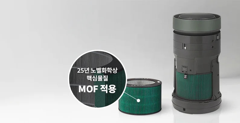 25년 노벨화학상 핵심물질 MOF 적용이라는 텍스트가 원형 확대창 안에 표시되어 있는 녹색 필터와 LG 퓨리케어 AI 오브제컬렉션 360˚ 공기청정기의 내부 구조가 드러나 있는 모습입니다.